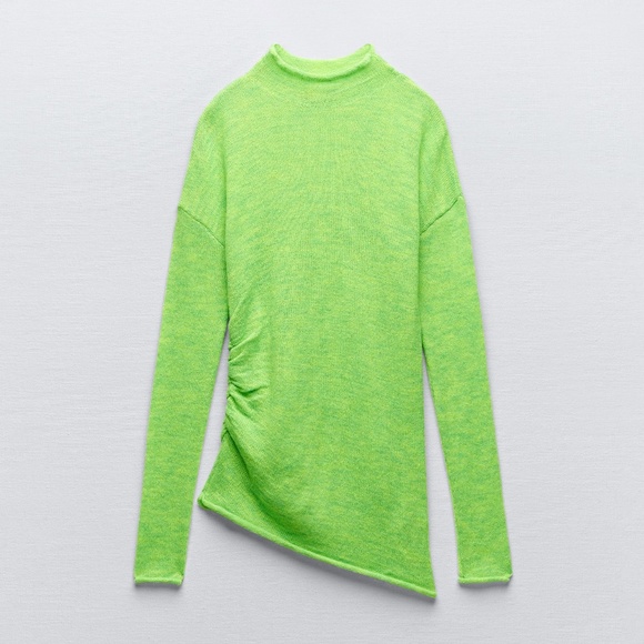 NWT Zara Neon Green Asymmetric Mock Neck Knit Sweater High Neck Top Medium - Picture 4 of 14